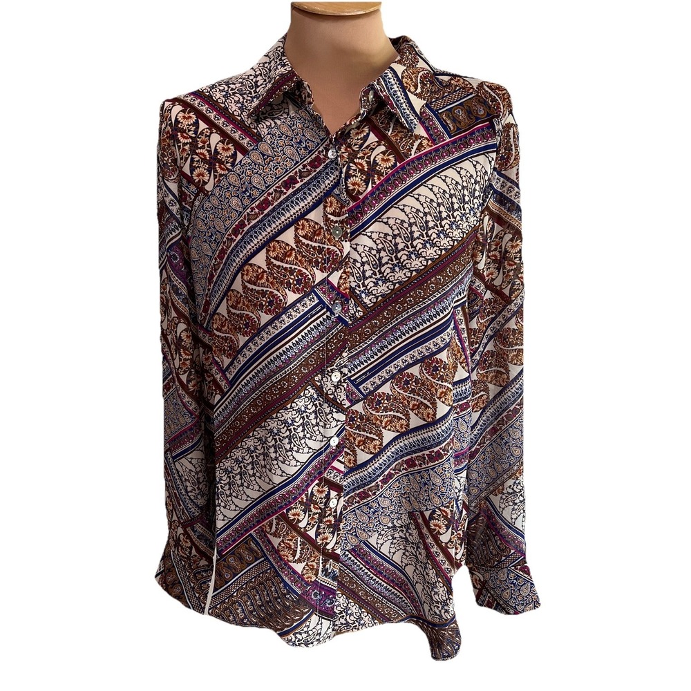 Rose + Olive Paisley Floral Patchwork Shirt Size‎ Medium Button Up Funky Retro